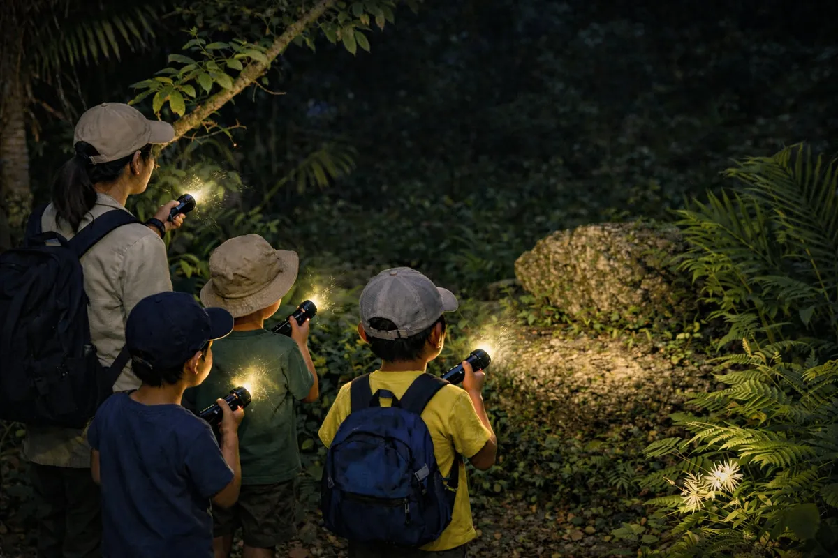 ライトを手に夜の森を探検する子どもたち