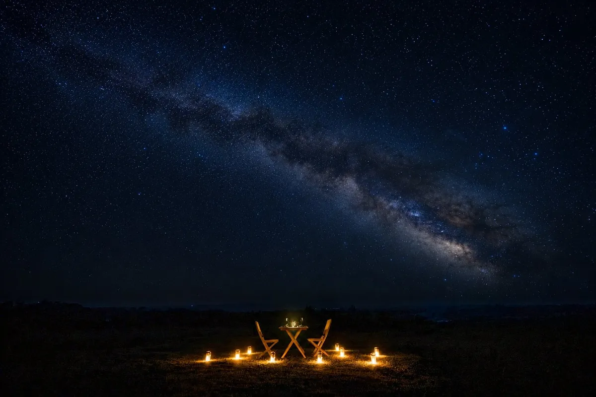 満天の星空と天の川が広がる夜のディナーシーン